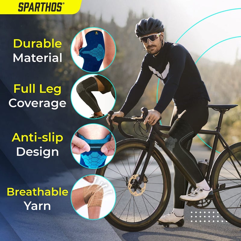 Sparthos أكمام ضغط الساق - دعامات للساقين والركبة والفخذ، التعافي، الدعم للرياضات الرياضية، الجري، الجوارب، الليجنغ، مثبت، لف - مضادة للانزلاق - للرجال والنساء (أسود-S) - Image 4