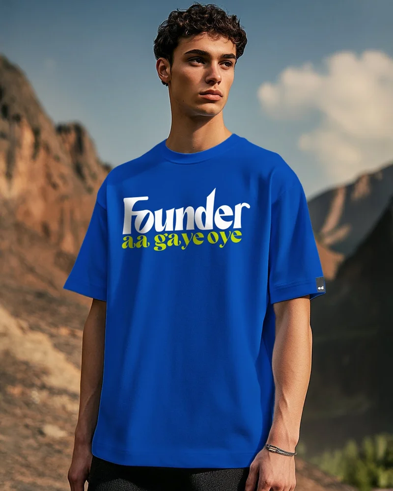 bewakoof Men's Blue Founder Aagaye Oye Typography Oversized T-shirt