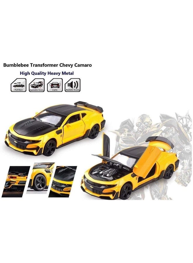 حديقة الألعاب محاكاة معدنية مصبوبة بمقياس 1:32 لسيارة (شيفروليه كامارو) مع أبواب قابلة للفتح وخاصية السحب للخلف، وأضواء وموسيقى (أصفر) - Image 4
