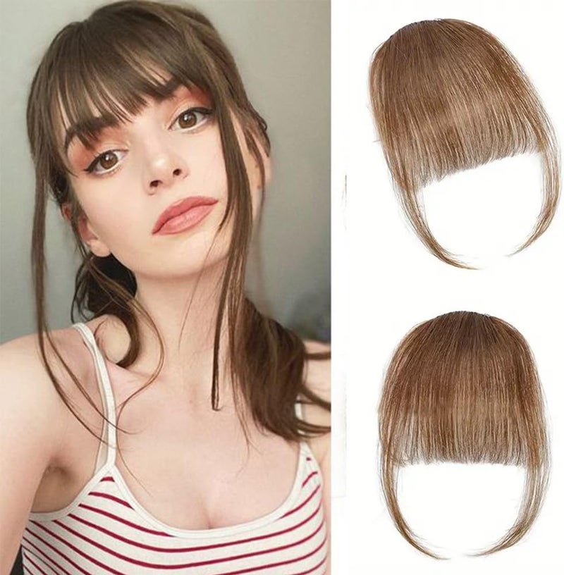 Datanala Clip in Bangs 100 Human Hair Air Bangs Clip in Hair Extensions Light Brown Air Hair Bangs With Temples Hairpieces Curved Bangs For Women Daily Wear