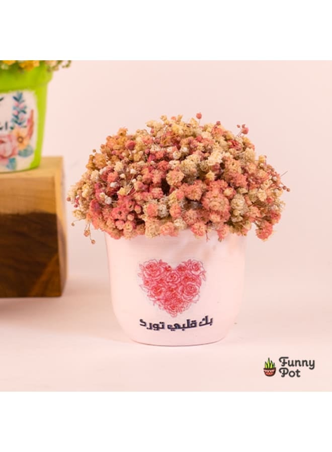 Pottery Plant Pot with natural immortal baby flowers - rose - 9*6 cm