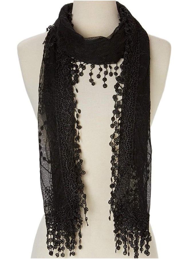 Cindy & Wendy Cindy and Wendy Lightweight Soft Leaf Lace Fringes Scarf shawl for Women (TYH-BLACK)  - Image 2