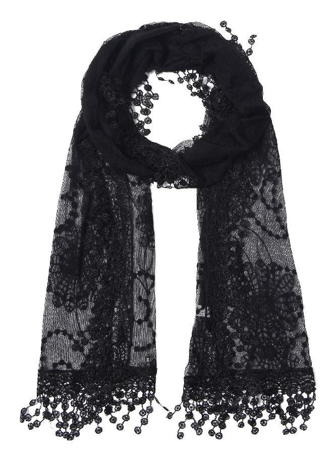 Cindy & Wendy Cindy and Wendy Lightweight Soft Leaf Lace Fringes Scarf shawl for Women (TYH-BLACK)  - Image 1