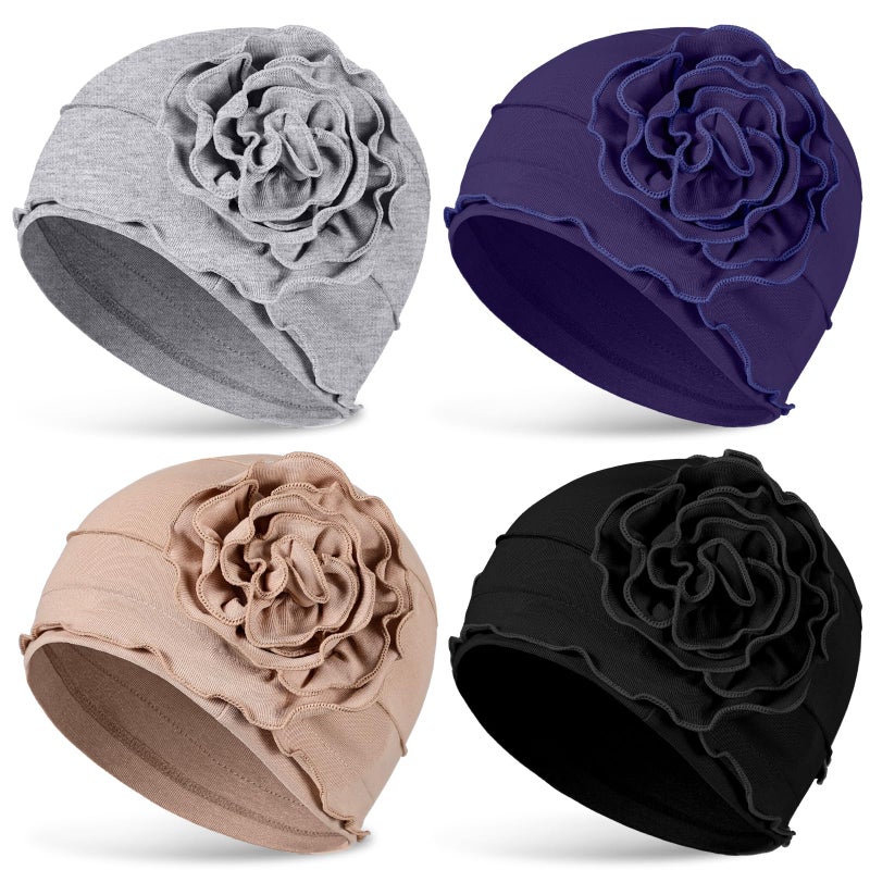 JenPen 4 Pcs Cotton Chemo Turban Headwear for Women Soft Cancer Head Scarf Hats Elastic Covers Wraps for Women's Hair(Elegant Colors,Flower) - Image 1