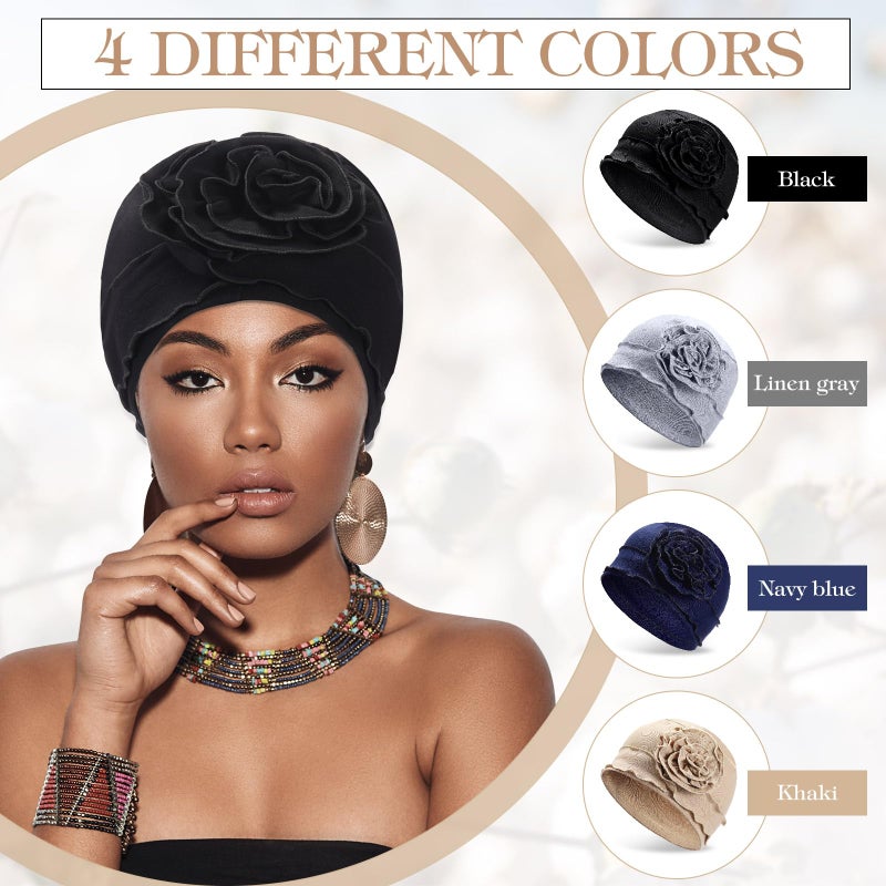 JenPen 4 Pcs Cotton Chemo Turban Headwear for Women Soft Cancer Head Scarf Hats Elastic Covers Wraps for Women's Hair(Elegant Colors,Flower) - Image 3