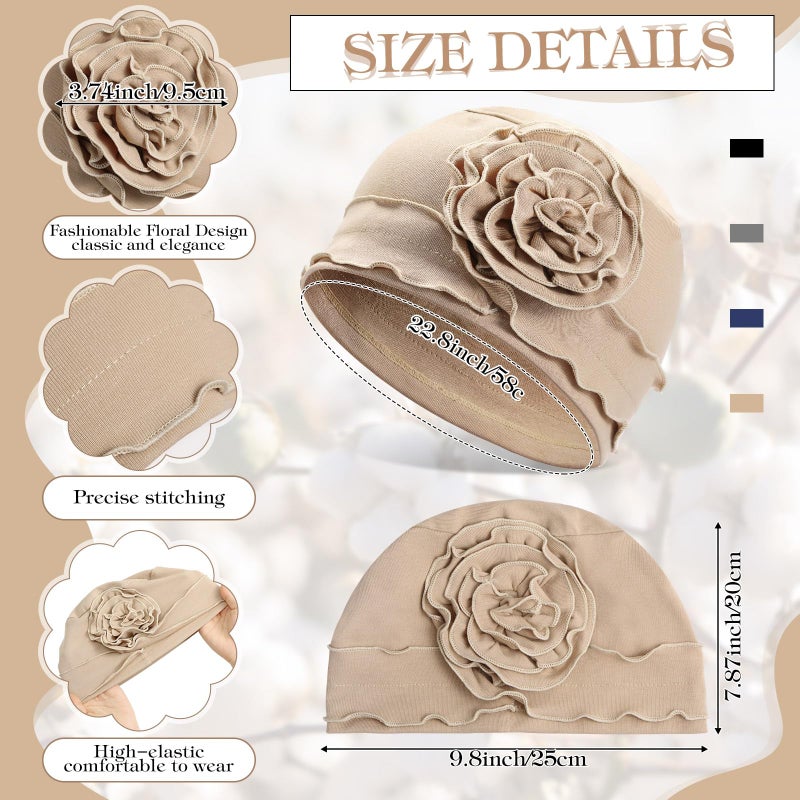 JenPen 4 Pcs Cotton Chemo Turban Headwear for Women Soft Cancer Head Scarf Hats Elastic Covers Wraps for Women's Hair(Elegant Colors,Flower) - Image 4
