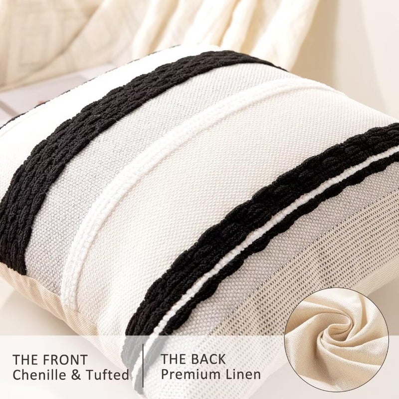 WANLIRD Boho Throw Pillow Covers 18x18 Set of 2 Farmhouse Decorative Cushion Case Striped Square Pillows Cover Chenille Pillow Cases Accent Neutral Pillowcase for Sofa Couch Bed,Black and White - Image 2