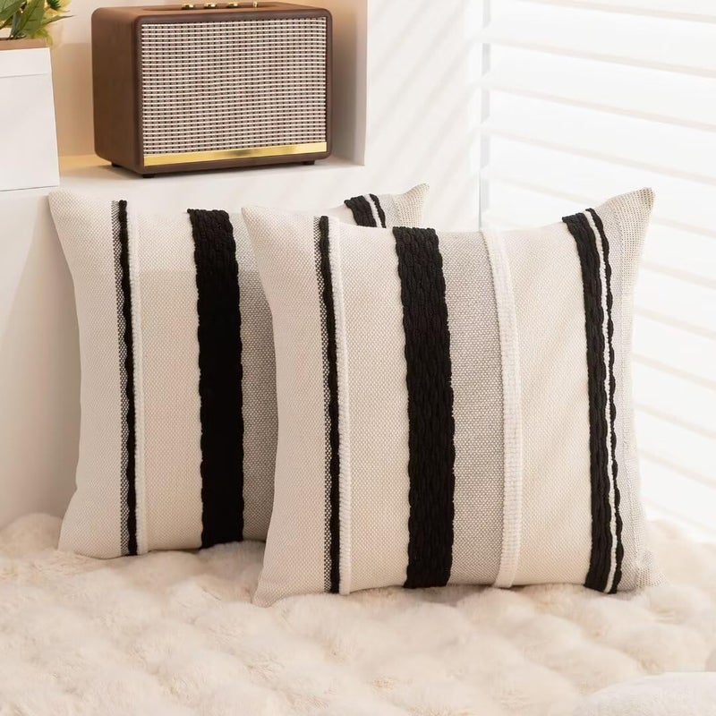 WANLIRD Boho Throw Pillow Covers 18x18 Set of 2 Farmhouse Decorative Cushion Case Striped Square Pillows Cover Chenille Pillow Cases Accent Neutral Pillowcase for Sofa Couch Bed,Black and White - Image 4