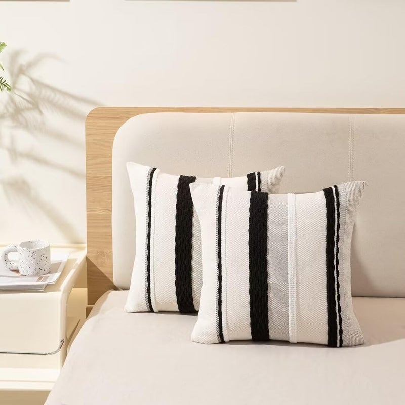 WANLIRD Boho Throw Pillow Covers 18x18 Set of 2 Farmhouse Decorative Cushion Case Striped Square Pillows Cover Chenille Pillow Cases Accent Neutral Pillowcase for Sofa Couch Bed,Black and White - Image 5
