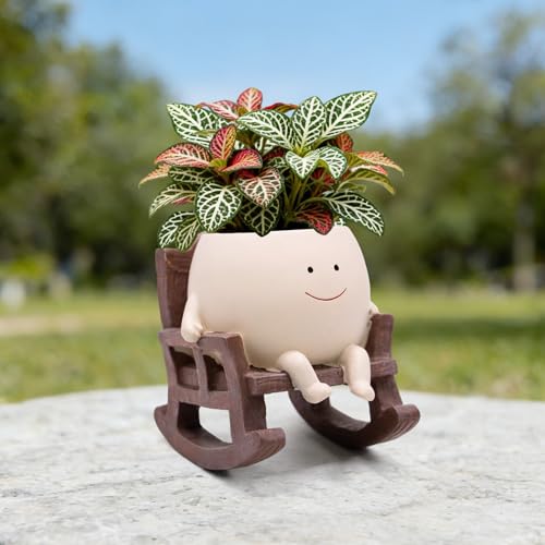 LAUGOKOBE Smile Face Rocking Chair Planter Pot for Indoor Outdoor Plants, Unique Sit Rocking Chair Succulent Flower Pots, Cute Head Planters with Drainage Hole - Gift IdeaI for Mother and Grandma - Image 1