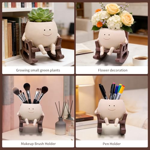 LAUGOKOBE Smile Face Rocking Chair Planter Pot for Indoor Outdoor Plants, Unique Sit Rocking Chair Succulent Flower Pots, Cute Head Planters with Drainage Hole - Gift IdeaI for Mother and Grandma - Image 5