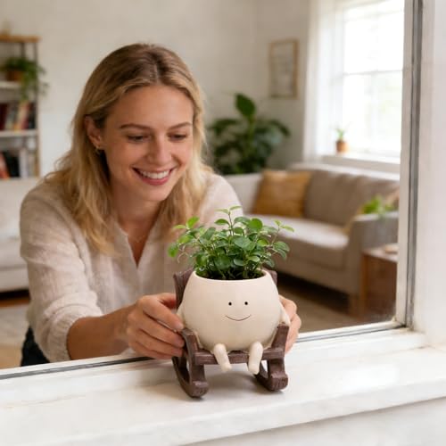 LAUGOKOBE Smile Face Rocking Chair Planter Pot for Indoor Outdoor Plants, Unique Sit Rocking Chair Succulent Flower Pots, Cute Head Planters with Drainage Hole - Gift IdeaI for Mother and Grandma - Image 4