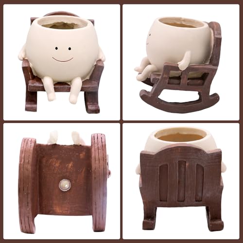LAUGOKOBE Smile Face Rocking Chair Planter Pot for Indoor Outdoor Plants, Unique Sit Rocking Chair Succulent Flower Pots, Cute Head Planters with Drainage Hole - Gift IdeaI for Mother and Grandma - Image 3