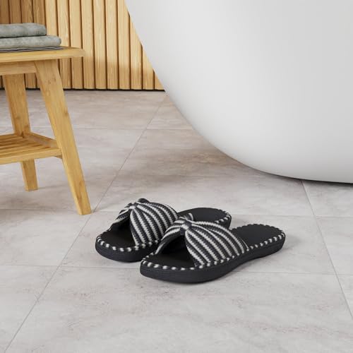 DL Women's Memory Foam Open Toe Slide Slippers with Cute Bow and Cozy Terry Lining, Slip-on House Shoes Spa Mules Sandals with Indoor Outdoor Rubber Sole, pink, 11-12 - Image 2