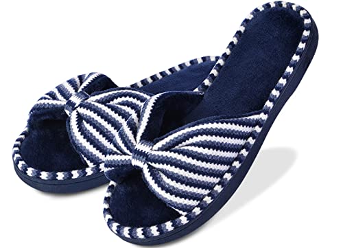 DL Women's Memory Foam Open Toe Slide Slippers with Cute Bow and Cozy Terry Lining, Slip-on House Shoes Spa Mules Sandals with Indoor Outdoor Rubber Sole, pink, 11-12 - Image 1