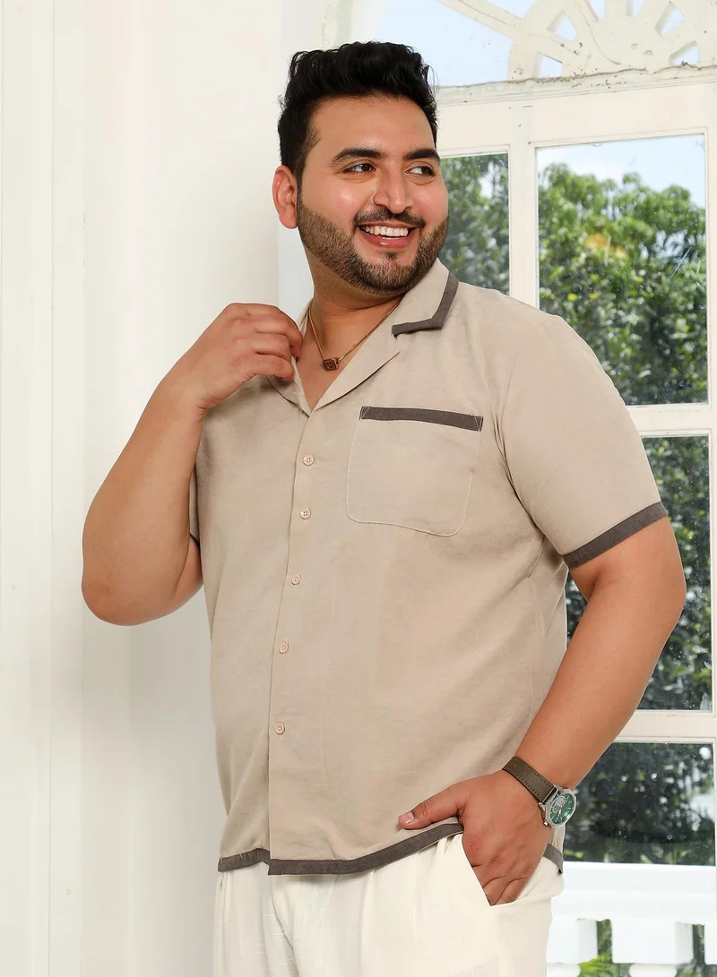 Instafab Plus  Instafab Plus Men's Khaki Beige Contrast-Cuban Shirt For Casual Wear | Cuban Collar | Short Regular Sleeves | Button Closure | Plus Size Shirt Crafted With Comfort Fit For Everyday Wear for Men | Best Price UAE