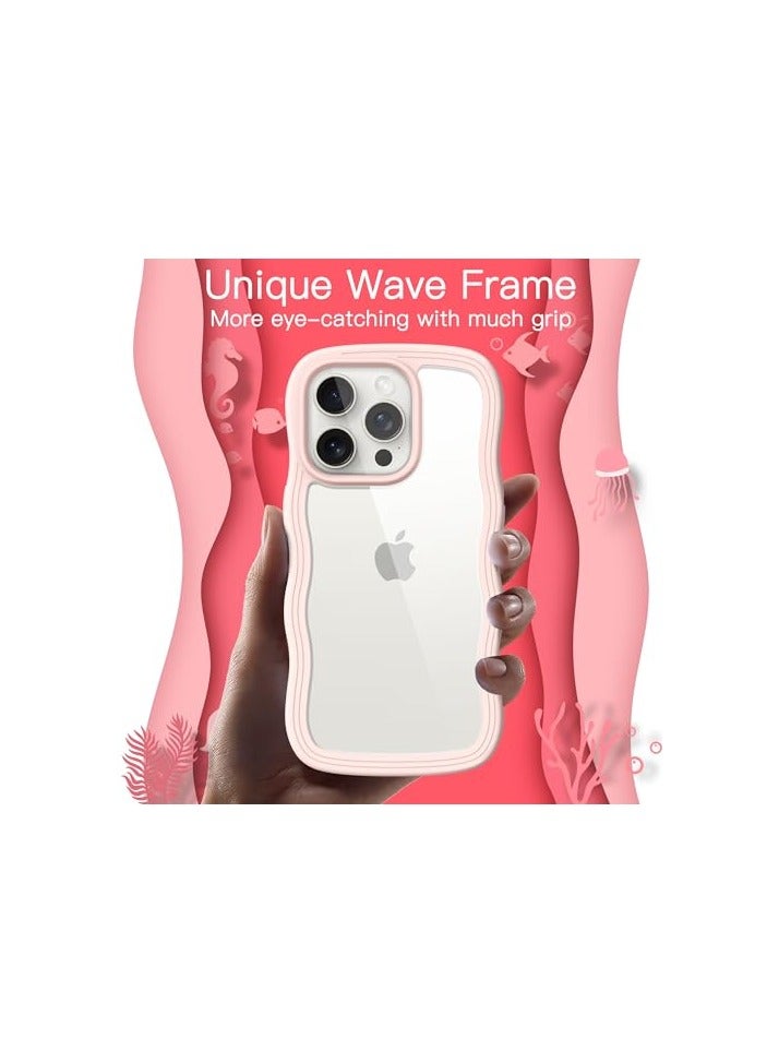 JETech Cute Case for iPhone 15 Pro Max 6.7-Inch, Wave Frame Curly Shape Shockproof Phone Cover for Women and Girls, Clear Hard PC Back (Pink) - Image 3