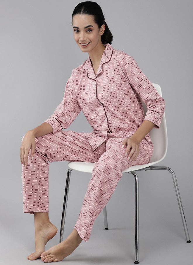 Zeyo Women Lavender Printed Cotton Night Suit - Image 1