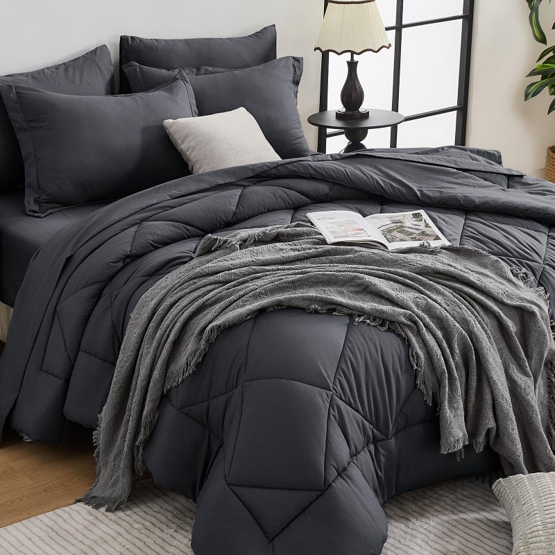 HEVUMYI Full Comforter Set - 7-Piece All Season Bed in a Bag Full, Ultra Soft Bedding Set with Comforter, Flat Sheet, Fitted Sheet, Pillowcases, Pillow Shams, Dark Grey - Image 1
