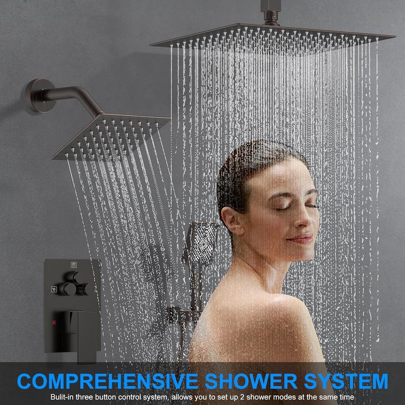 Woindo Shower Faucet Set, 12" Ceiling Mount Rainfall Shower System with 2 Rain Shower Head and Multi-function Handheld Head Push Button Diverter Shower Faucet Trim Kit (12", Oil Rubbed Bronze) - Image 2