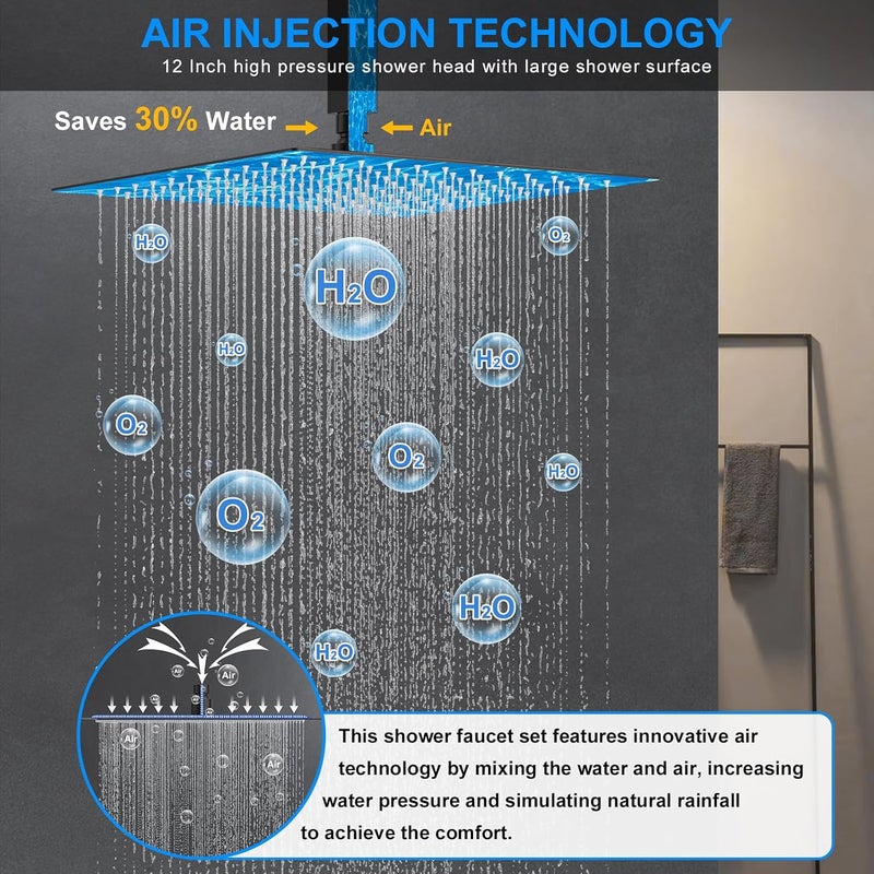Woindo Shower Faucet Set, 12" Ceiling Mount Rainfall Shower System with 2 Rain Shower Head and Multi-function Handheld Head Push Button Diverter Shower Faucet Trim Kit (12", Oil Rubbed Bronze) - Image 5