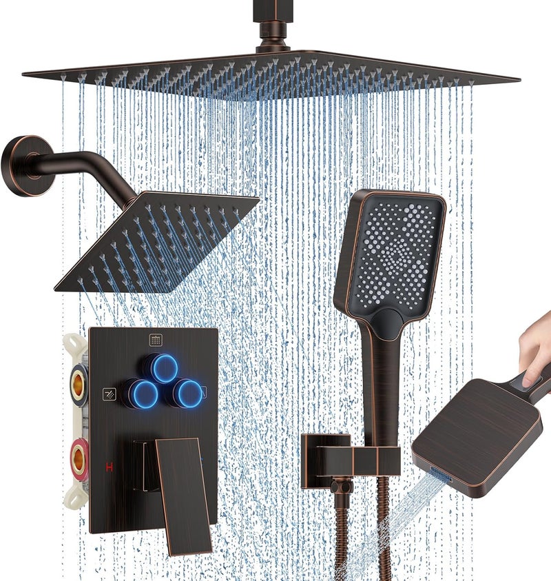 Woindo Shower Faucet Set, 12" Ceiling Mount Rainfall Shower System with 2 Rain Shower Head and Multi-function Handheld Head Push Button Diverter Shower Faucet Trim Kit (12", Oil Rubbed Bronze) - Image 1