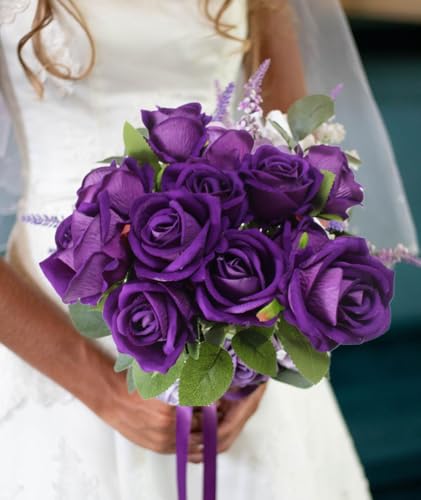 YGbridge Artificial Roses Flowers, 12 Pcs Fake Purple Rose in Bulk, Long Stem Realistic Silk Roses Bouquet for Wedding, Party Centerpieces, Flower Arrangement, Home Decor (Purple, 12-PCS) - Image 3