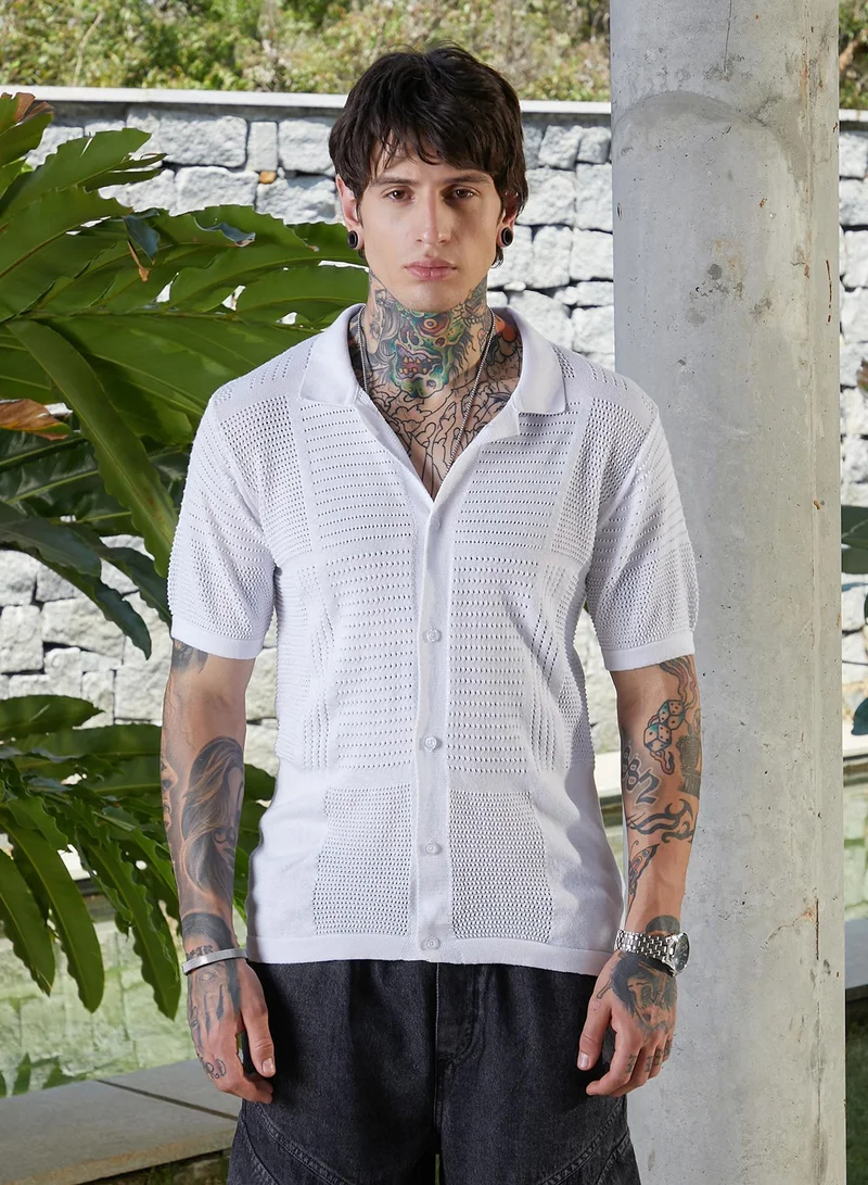 Campus Sutra Men's Chalk White Grid Open-Knit Shirt