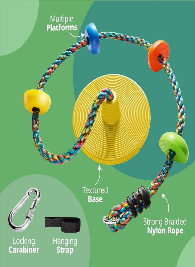 Jungle Gym Kingdom Tree Swing for Kids - Single Disc Seat and Rainbow Climbing Rope Set w/Carabiner and 2.6 Foot Strap - Treehouse and Outdoor Playground Accessories - Yellow - Image 5
