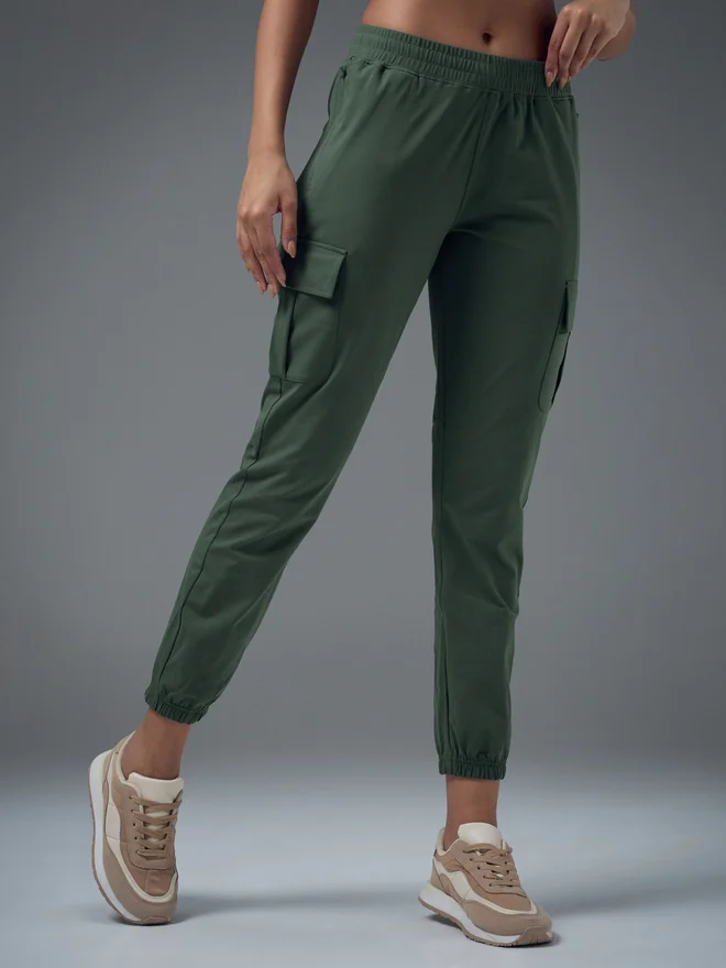 Technosport Green Slim Fit Solid Cargo Joggers with TECHNO GUARD for Women | Best Price UAE