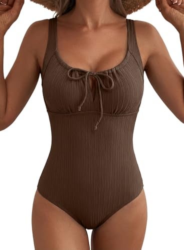Aleumdr Women 2026 Fashion One Piece Swimsuits Drawstring Knot Tummy Control Swimwear Textured Bathing Suit Retro Bathing Suit Coffee X-Large - Image 1