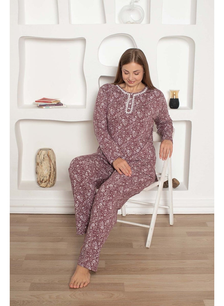 Plum Floral Patterned Plus Size Women's Long Sleeve Pajama Set - Cotton Lycra Combed Seasonal 3 Buttons - pzsku/Z321DEEE8675299DC32B9Z/45/_/1741272145/26b231ec-6e3e-4f96-b8f2-ee7dd85cb7d2