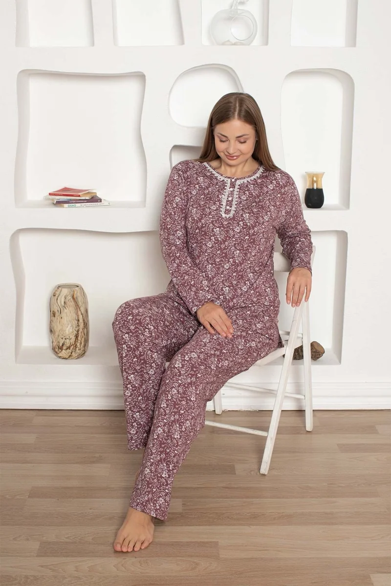 بيس Plum Floral Patterned Plus Size Women's Long Sleeve Pajama Set - Cotton Lycra Combed Seasonal 3 Buttons