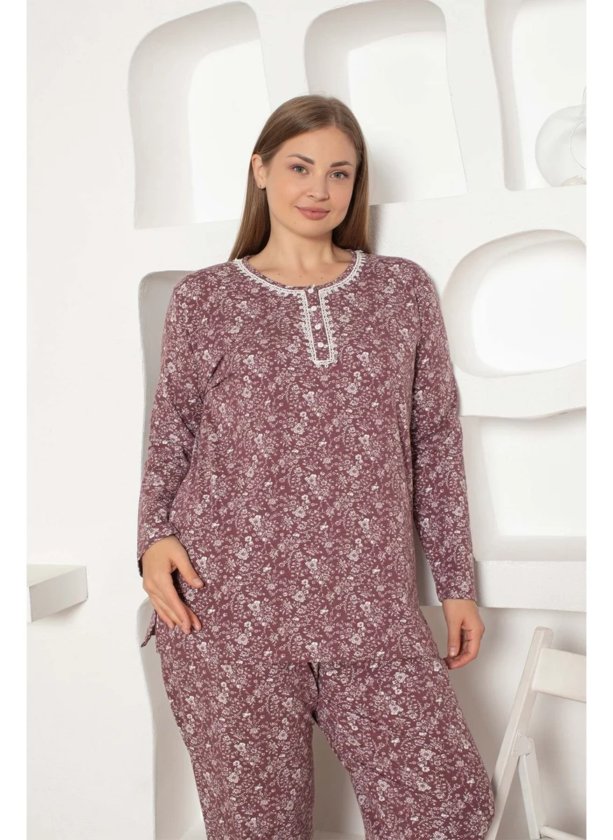 Bie'S Plum Floral Patterned Plus Size Women's Long Sleeve Pajama Set - Cotton Lycra Combed Seasonal 3 Buttons