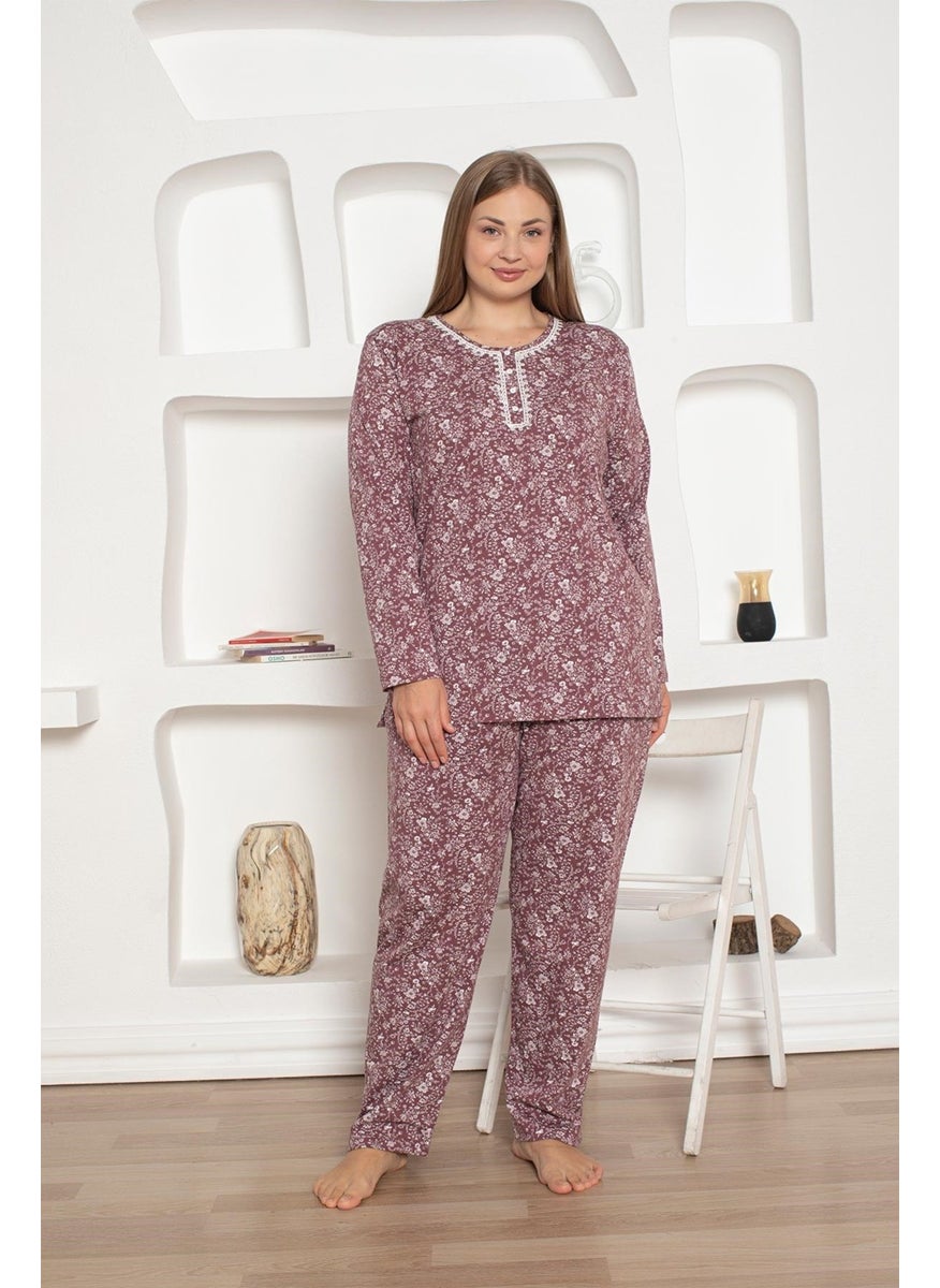 Plum Floral Patterned Plus Size Women's Long Sleeve Pajama Set - Cotton Lycra Combed Seasonal 3 Buttons - pzsku/Z321DEEE8675299DC32B9Z/45/_/1741272152/a0ae99e7-a256-43bf-a897-7559206caba1