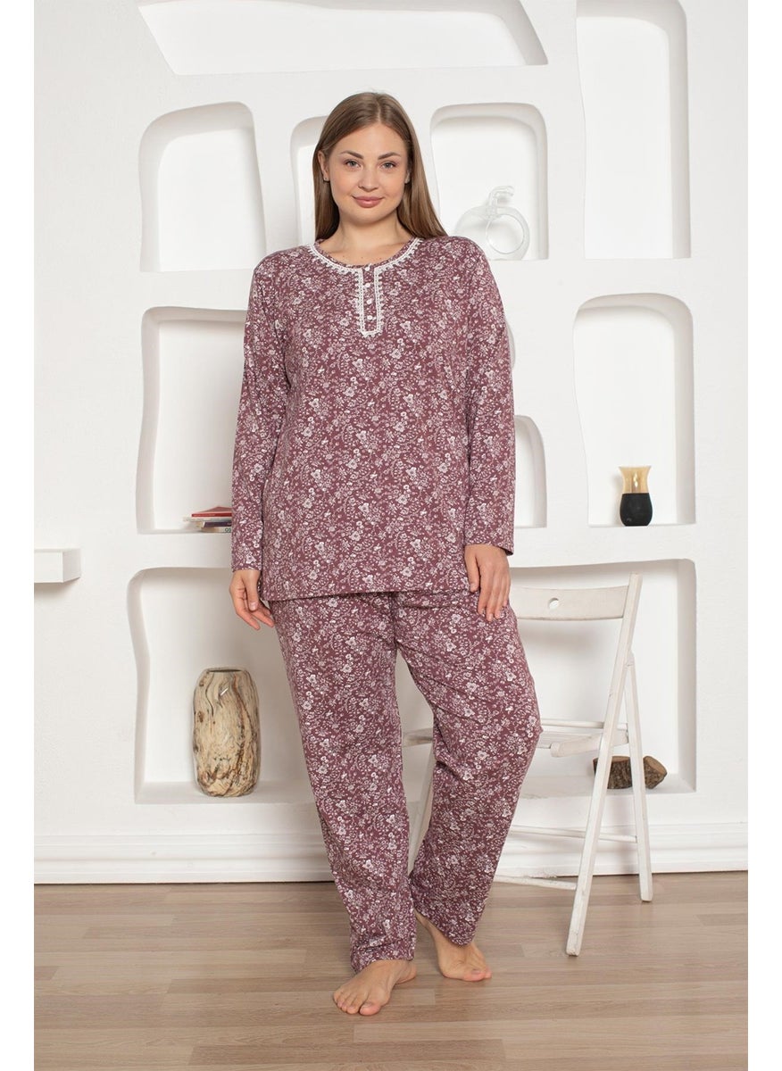 Plum Floral Patterned Plus Size Women's Long Sleeve Pajama Set - Cotton Lycra Combed Seasonal 3 Buttons - pzsku/Z321DEEE8675299DC32B9Z/45/_/1741272154/6f71a3da-ce64-4d85-a609-b1c52b0efd03