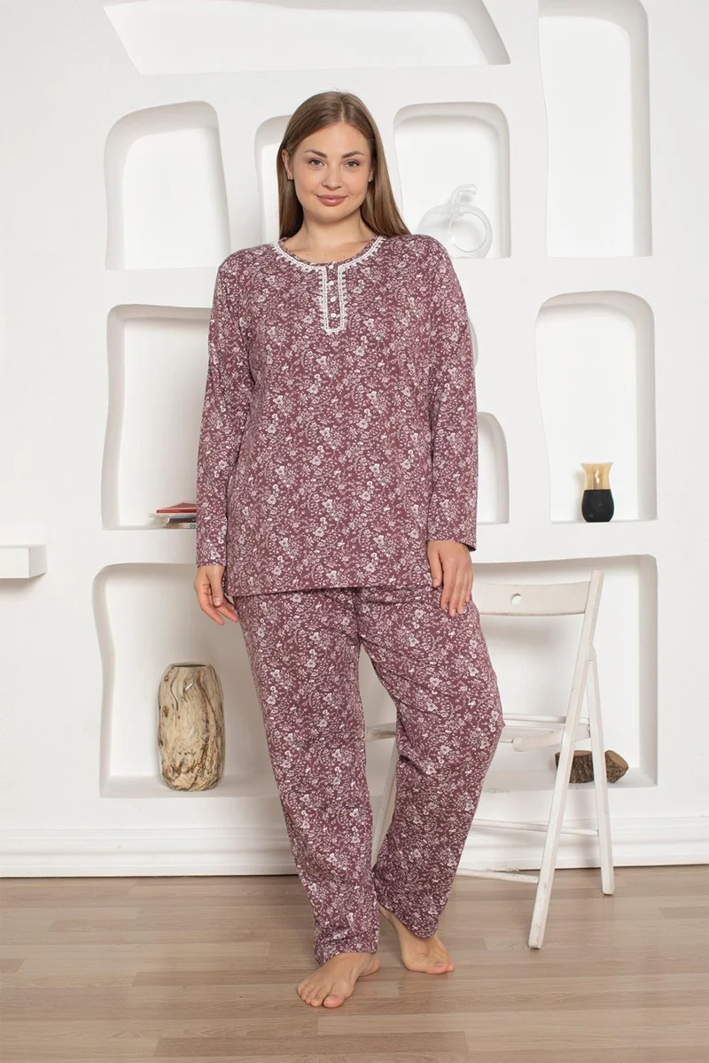 بيس Plum Floral Patterned Plus Size Women's Long Sleeve Pajama Set - Cotton Lycra Combed Seasonal 3 Buttons