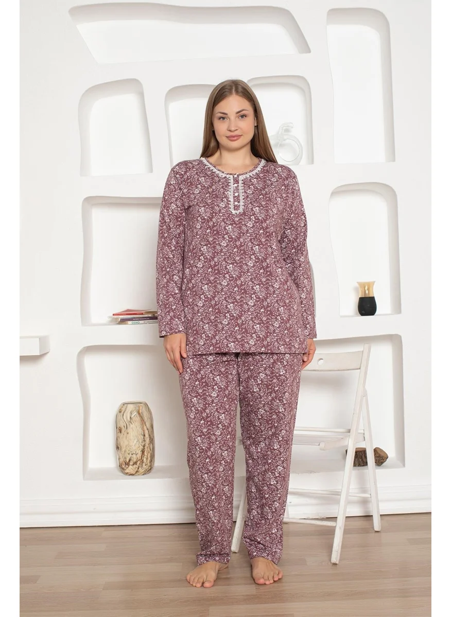 Bie'S Plum Floral Patterned Plus Size Women's Long Sleeve Pajama Set - Cotton Lycra Combed Seasonal 3 Buttons