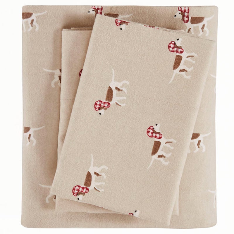 Woolrich John Rich & Bros. Woolrich Cotton Sheet Set Cottage Charms Print, 100% Cotton Flannel Sheets Warm & Fuzzy Bedding Set Twin Size Sheets, Fitted Pocket Fits Up to 12" Mattress, Twin Tan Dog, 3 Piece - Image 3