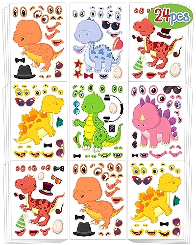 Greingways 24 Pcs Make Your Own Dinosaur Sticker Sheets Dinosaur Party Favors Face Stickers for Kids Boys Toddlers Crafts Activities Gift Bags Birthday Party Valentines Day Gifts for Kids Classroom - Image 1