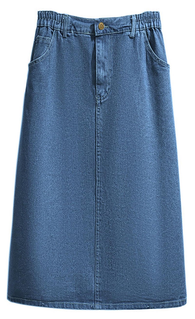 CHARTOU Women's Summer Casual Elastic Waist Pockets Work Midi Denim A Line Skirt (X-Large,Blue) - Image 1