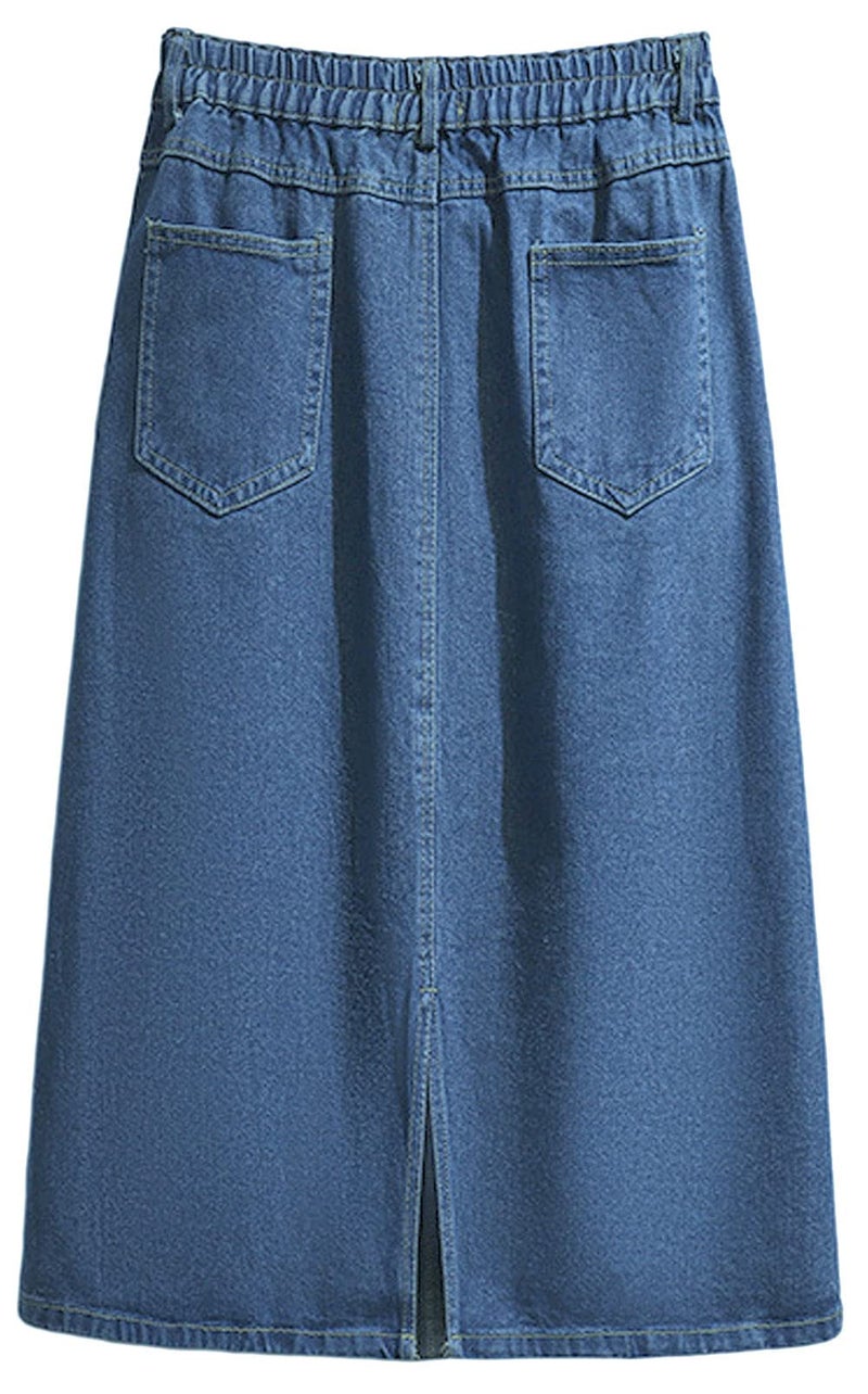 CHARTOU Women's Summer Casual Elastic Waist Pockets Work Midi Denim A Line Skirt (X-Large,Blue) - Image 2