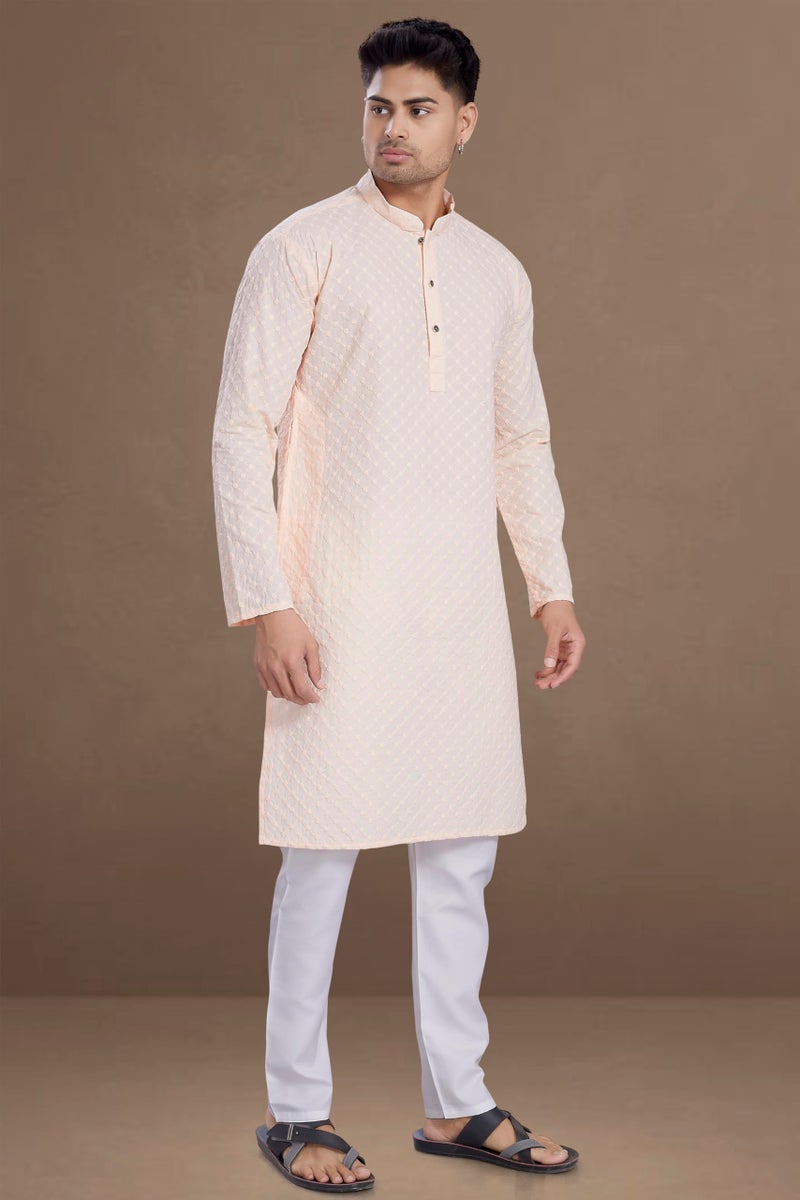 DIVISIVE Men's Thread Embroidered Cotton Only Slim Fit Kurta (DKRT640_XXL_Peach) - Image 5