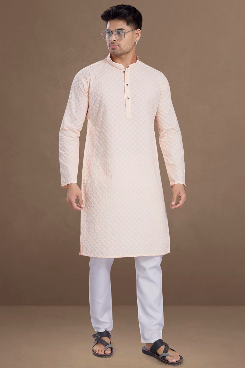 DIVISIVE Men's Thread Embroidered Cotton Only Slim Fit Kurta (DKRT640_XXL_Peach) - Image 3
