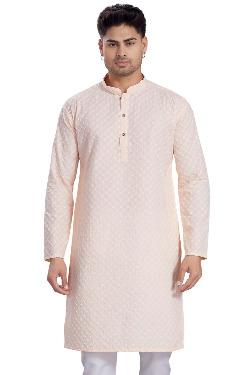 DIVISIVE Men's Thread Embroidered Cotton Only Slim Fit Kurta (DKRT640_XXL_Peach) - Image 1