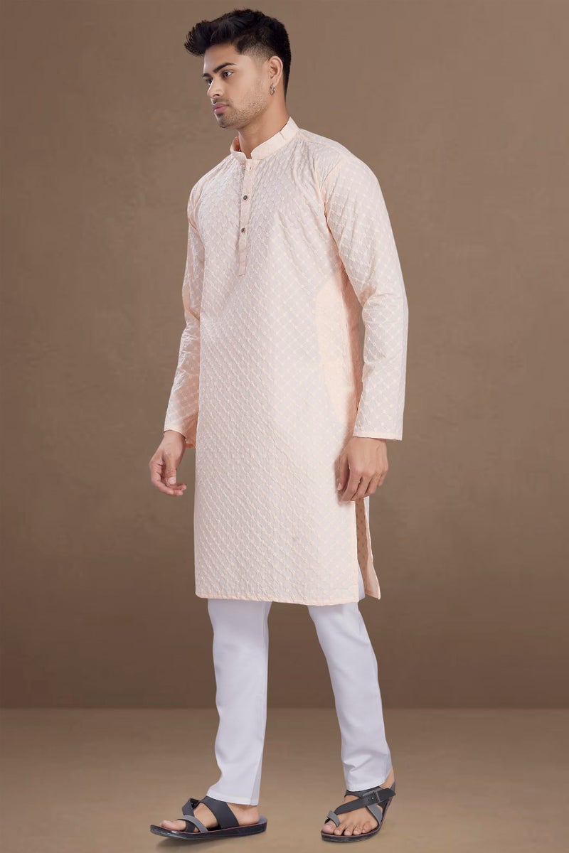 DIVISIVE Men's Thread Embroidered Cotton Only Slim Fit Kurta (DKRT640_XXL_Peach) - Image 4