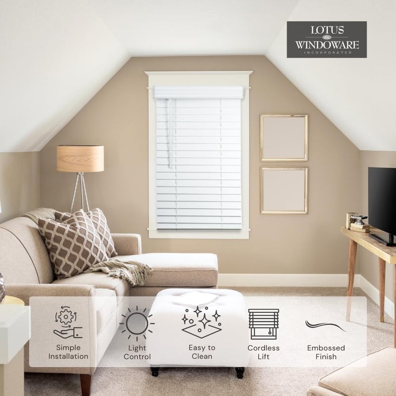 Lotus & Windoware Cordless, 2 Inch Faux Wood Blind, 34.5" Wide x 60" Long, Window Blinds, Blinds & Shades, Blinds for Indoor Windows, Embossed, Bright White - Image 3