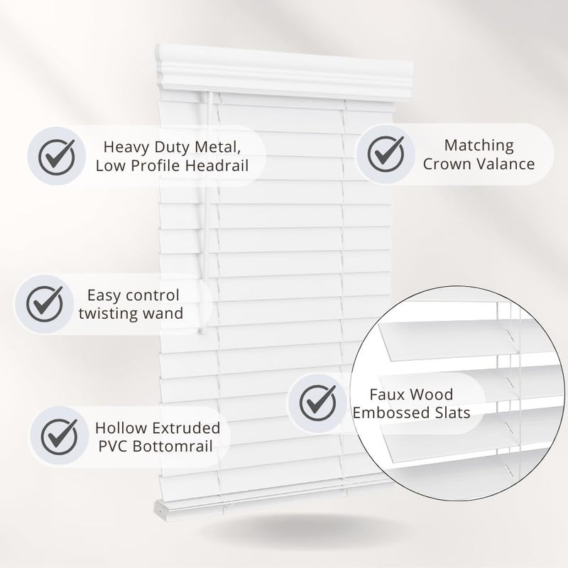 Lotus & Windoware Cordless, 2 Inch Faux Wood Blind, 34.5" Wide x 60" Long, Window Blinds, Blinds & Shades, Blinds for Indoor Windows, Embossed, Bright White - Image 2