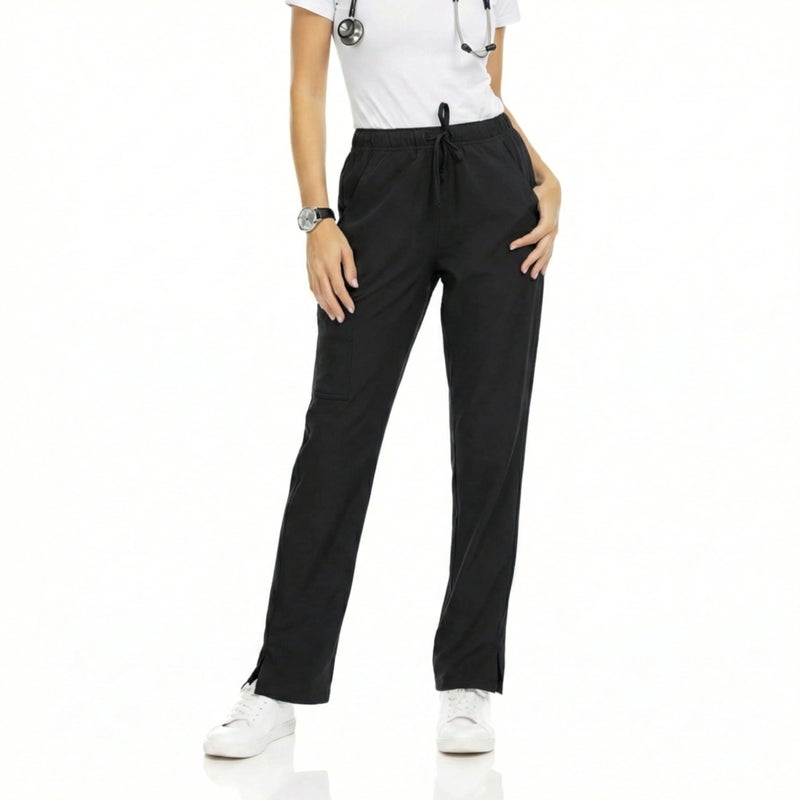 MediChic Straight Leg Scrub Pants for Women, Anti-Wrinkle Women's Medical Scrub Pants, 6 Pockets, 4-Way Stretch, Elastic Waistband with Drawstring, for Doctors, Nurses, and Surgeons, Black - Image 1