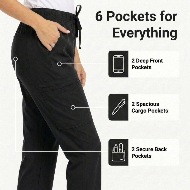 MediChic Straight Leg Scrub Pants for Women, Anti-Wrinkle Women's Medical Scrub Pants, 6 Pockets, 4-Way Stretch, Elastic Waistband with Drawstring, for Doctors, Nurses, and Surgeons, Black - Image 2